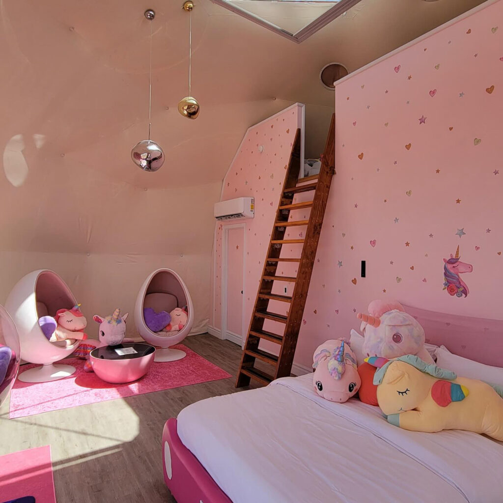 Grand_Canyon-Loft-Resort-Arizona Interior of pink unicorn themed lodging sky dome at Clear Sky Resorts in Valle, AZ