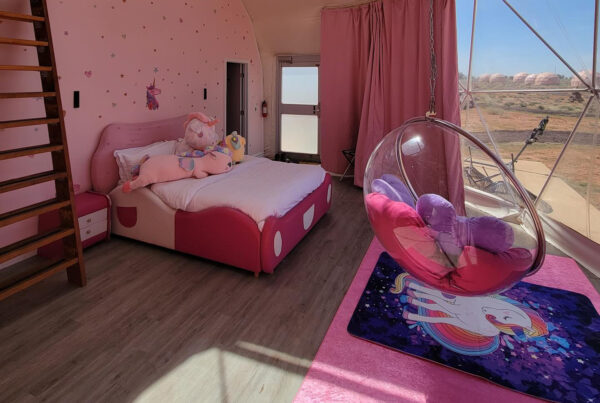 Interior of pink unicorn themed lodging sky dome at Clear Sky Resorts in Valle, AZ