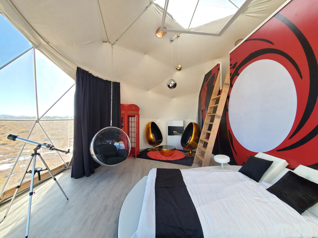 Secret-Agent-Family-Dome-Grand_Canyon3 Red novelty phone booth at Clear Sky Resorts secret agent themed sky dome in Valle, AZ