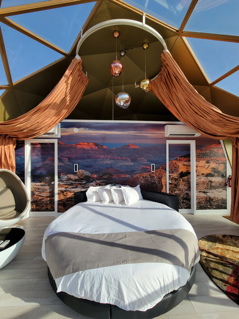 SnowGlobe-Dome-GrandCanyon Luxury dark sky Snow Globe dome glamping lodge available at Clear Sky Resorts near Grand Canyon National Park in Valle, AZ.