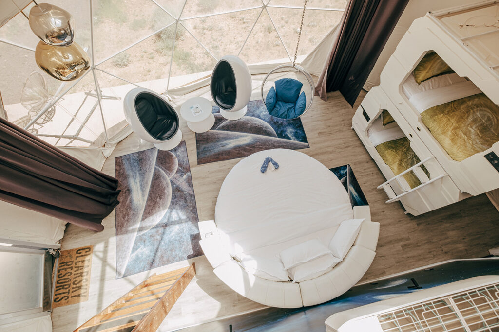 Space-Galaxy-Overhead Interior of Space Galaxy dark sky dome available at Clear Sky Resorts near Grand Canyon National Park in Valle, AZ.