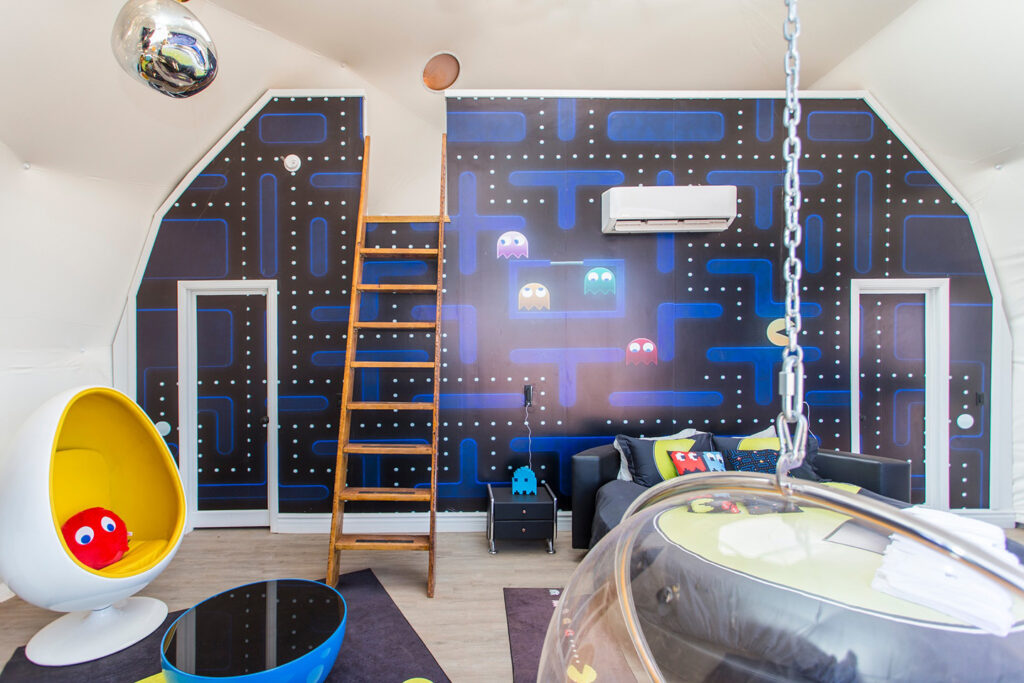 VideoGame-Family-Dome-mural Video game room at Clear Sky Resorts themed sky dome in Valle, AZ